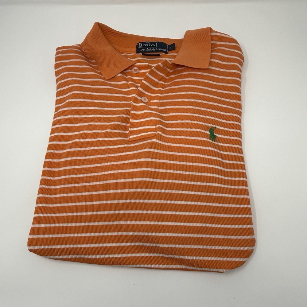 Polo Ralph Lauren Orange/White Stripped Knit Logo Polo Shirt Medium